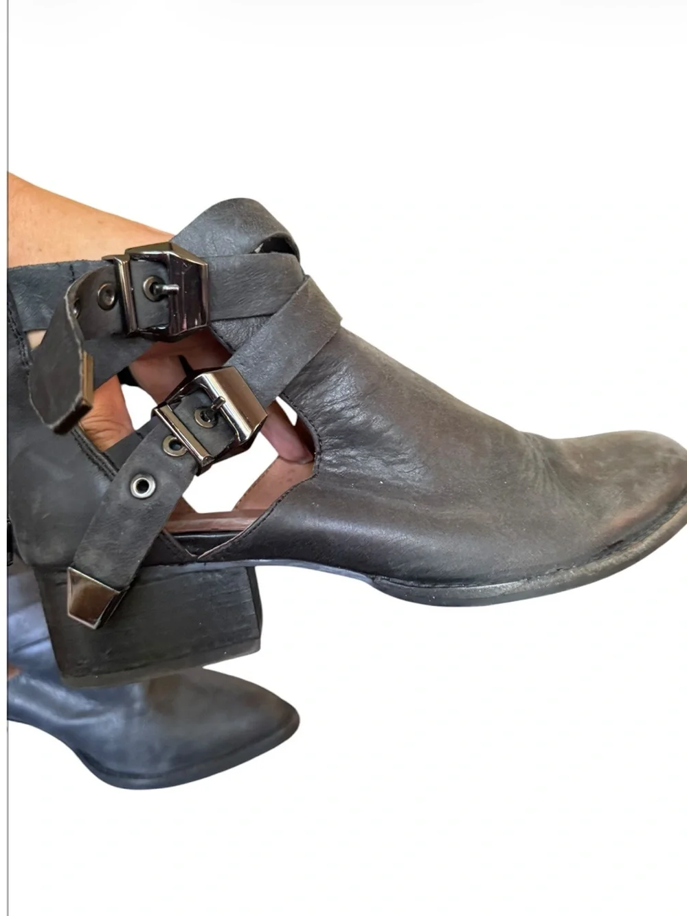 Ibiza Last Jeffrey Campbell Black Leather Cutout Ankle Boots 8.5 Gunmetal Buckle